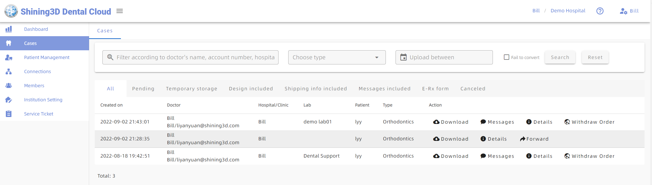 An infographic desktop view of Shining 3D dental Cloud, outlook of the program